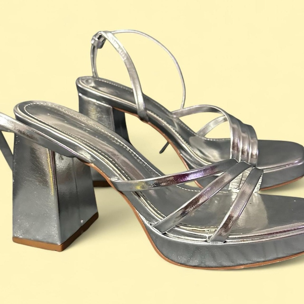 Silver Strappy Block Heel Sandals
